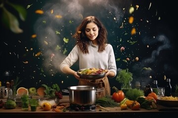 Beautiful positive girl prepares a delicious, healthy dish