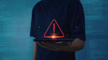 System warning hacked alert triangle caution warning, Cybersecurity, Scam Virus Spyware Malware Antivirus, Cyber attack data crypto wallet, document, internet banking, password, personal data. - obrazy, fototapety, plakaty