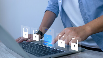 Cybersecurity and data protection. Businessman use secure tablet encryption technology, protect...