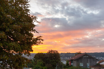Sunrise over Ravensburg. Dramatic sky in mid-September - obrazy, fototapety, plakaty