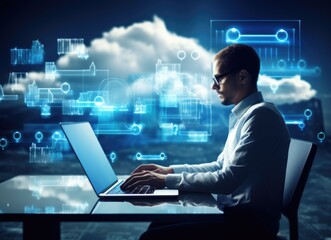 Man wearing virtual reality glasses sits at desk with a laptop. The concept for the development of modern technologies, cloud storage, virtual spaces. Future VR technologies, hologram and projection.