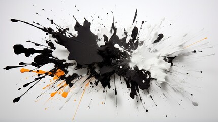 an artistic display of bold and contrasting paint splashes, where black and white merge in a dynamic and modern way on a snowy white backdrop.