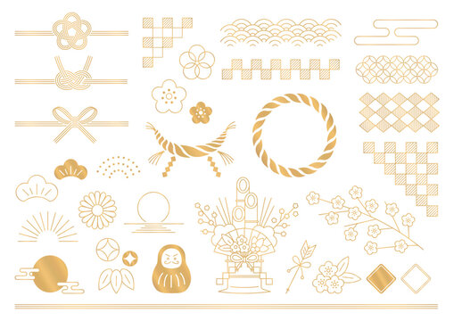 お正月の飾りイラスト。新年のデザイン素材セット。金色。和柄、水引、挿絵、フレーム。