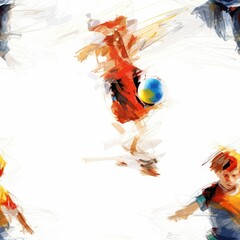 Seamless sports pattern. Football. Print for fabric. Abstraction sports. Ball dynamic drawing. White background. child with a ball