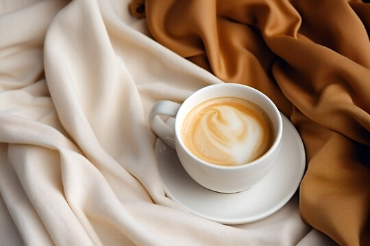 Cup of coffee latte on white and beige fabric with closeup view background. High quality photo
