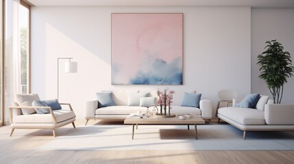 An elegant, minimalist living room with soft pink and cool blue accents, creating a calming and contemporary interior design.