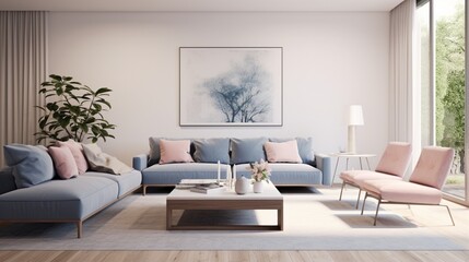 An elegant, minimalist living room with soft pink and cool blue accents, creating a calming and contemporary interior design.