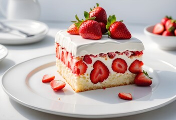 Strawberry cake on white plate