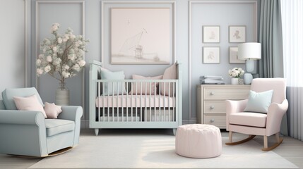 An elegant nursery with pastel pink and soothing blue accents, creating a calm and welcoming space for a newborn's room.