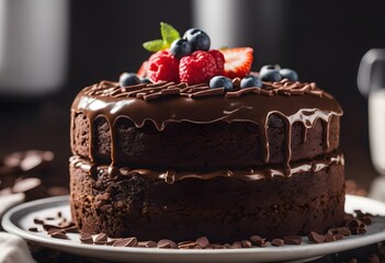 Chocolate cake on white plate - 687580556