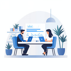 Two business people sitting across from each other at a table in an office conference room, discussing a document on a computer.｜Generative AI