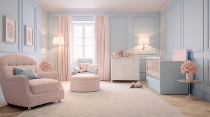 An elegant nursery with pastel pink and soothing blue accents, creating a calm and welcoming space for a newborn's room.