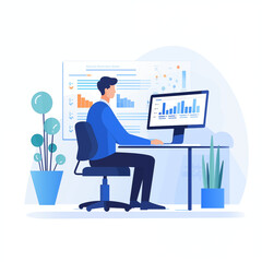 Businessperson sitting at an office desk operating a computer and analyzing website access data｜Generative AI