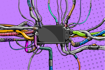 Artificial intelligence self-portrait. Cyberpunk backgrounds. Comics style layout template. Design industry for posters, placards,banners, flyers. Hand drawn vector illustration. 