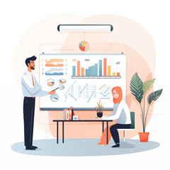 Consultant giving a presentation while drawing graphs on a whiteboard in an office conference room｜Generative AI