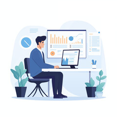 Businessperson sitting at an office desk operating a computer and analyzing website access data｜Generative AI