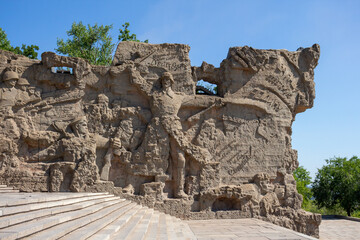 Mamaev Hill War Memorial in Volgograd city, Russia. Close-up view of decorated wall with...
