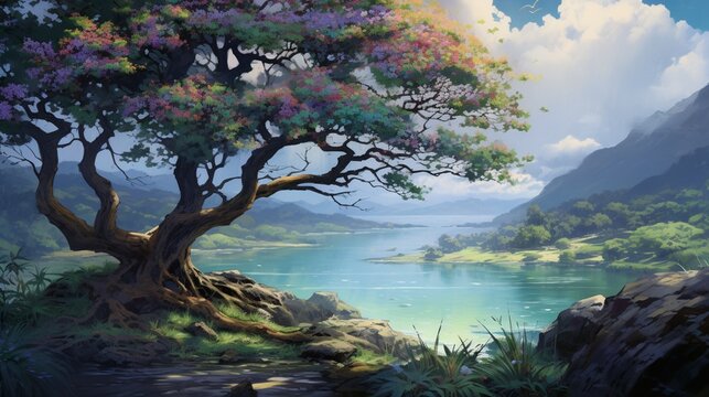 an enchanting image of a tree by the water's edge, with its branches adorned in a lush palette of greens, blues, and violets, reflecting the tranquility of the natural world.