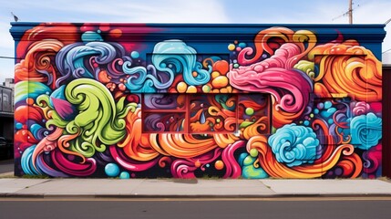 An energetic, vivid graffiti mural adorning an urban wall, showcasing the creativity and expression of street art.