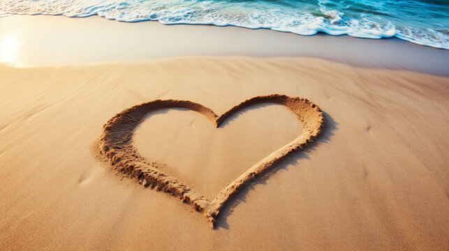 Heart painted in the sand on a beach. Valentine's Day and love concept.