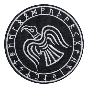 Embroidered patch Odins Raven Munin, Hugin. Runic circle. Viking style. Thor. Accessory for metalheads, punks, rockers, bikers, satanists, emo, street aggressive subcultures.