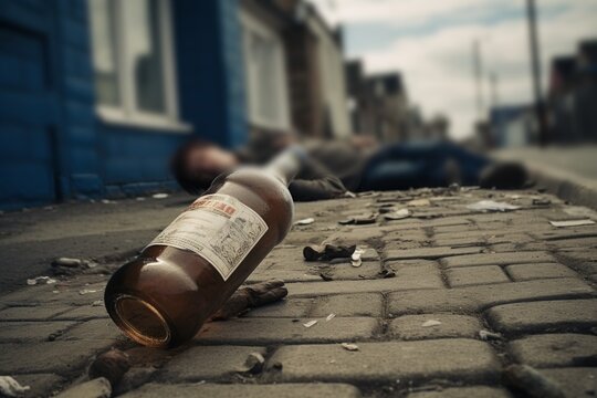 Hombre inconsciente en el suelo de una calle empedrada con una botella de licor vacía en primer plano