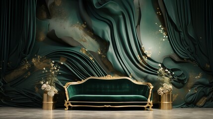 an opulent and luxurious abstract backdrop using silky textures in shades of emerald green and gleaming gold, evoking a sense of extravagance and regal allure. - obrazy, fototapety, plakaty