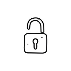 A hand-drawn doodle of an open lock on a white background.