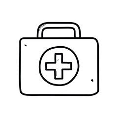 Fototapeta premium A hand-drawn doodle of the first aid help kit box on a white background.