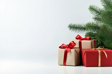 Christmas gift boxes and fir tree branch on white background with copy space. High quality photo