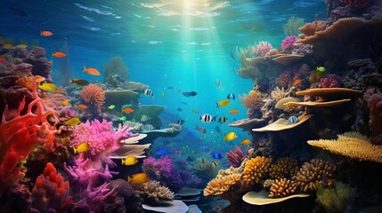 Naklejka na ściany i meble an underwater marvel as a school of colorful tropical fish gracefully swims among vibrant coral reefs in crystal-clear ocean waters.