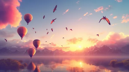 Fotobehang colorful hot air balloons ascending into the early morning sky, with a flock of birds flying alongside them. © Khan