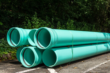 PVC gravity sewer pipes close-up