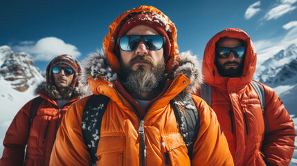 Three men in orange jackets, against the background of a winter landscape with snow-capped peaks. Active recreation and adventures, mountaineering - obrazy, fototapety, plakaty