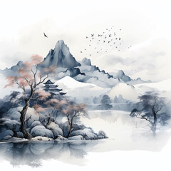 Chinese ink painting style landscape garden ancient town landscape illustration