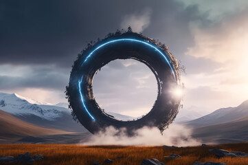 A fantastic landscape with a neon circle. The background is dark. AI