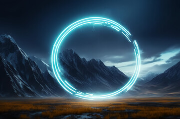A fantastic landscape with a neon circle. The background is dark. AI