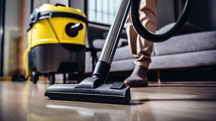 Person vacuuming the carpet at home with a modern vacuum cleaner