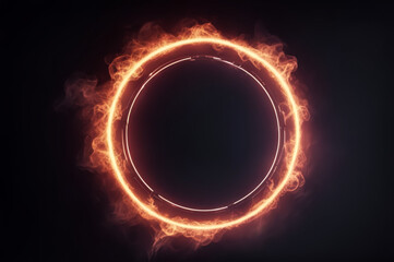 A fantastic landscape with a neon circle. The background is dark. AI