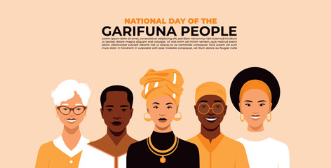 Vector of group of five personas celebrating National day of the Garifuna people.