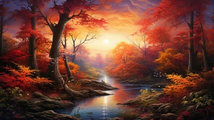 the resplendence of a sunrise over a forest, with the first light kissing the leaves of a colorful tree, transforming them into a radiant spectacle of warm and inviting colors.