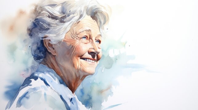 watercolor portrait of cheerful senior lady,isolated on white background