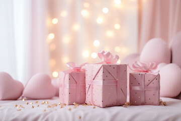 Gifts and hearts on pink background,Valentine's Day concept