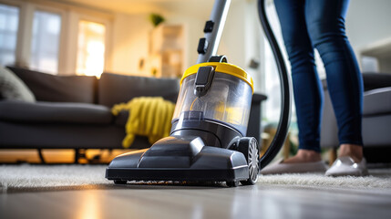 Person vacuuming the carpet at home with a modern vacuum cleaner