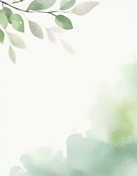 Watercolor background of green environment with illustration of border of leaves