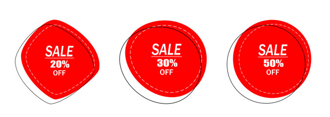 A set of three isolated price tags, discount stickers with ribbed edges on a white background. Red discount banners. Vector illustration.