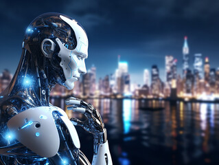 Fototapeta premium 3D Humanoid Robot Thinking with Industrial Background