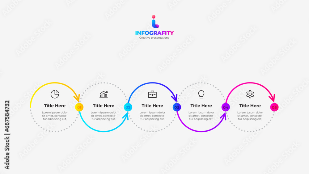 Poster five circles for infographic timeline wit zigzag line