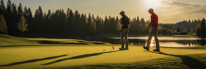 Dad teaches his child to play golf, dad and child on a golf course