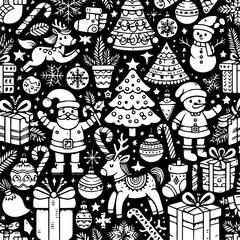 Fototapeta premium Christmas pattern with snowmen, ornaments. Black and white christmas pattern for wrapping paper concept.
